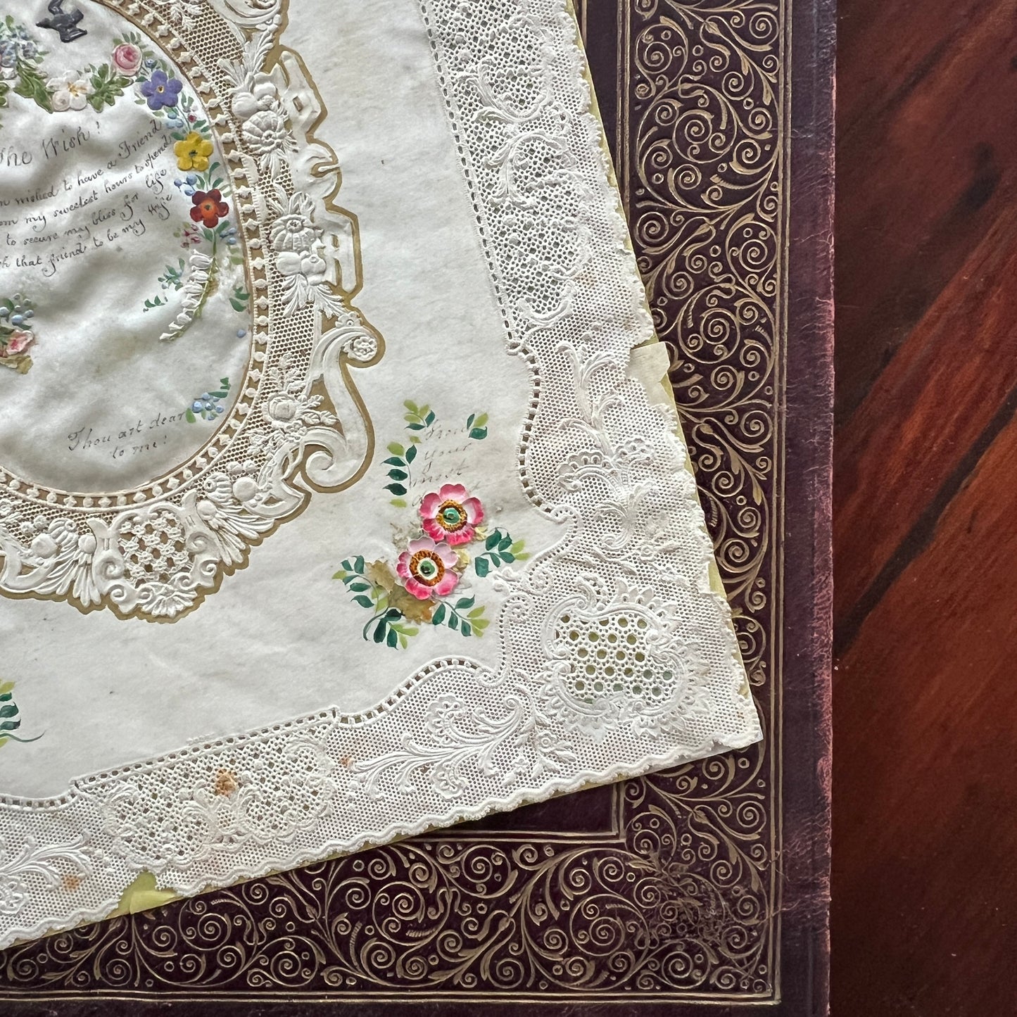 c. 1850s Large Embossed Lace Valentine Card with Hand-painted Flowers and Hand-written Poem