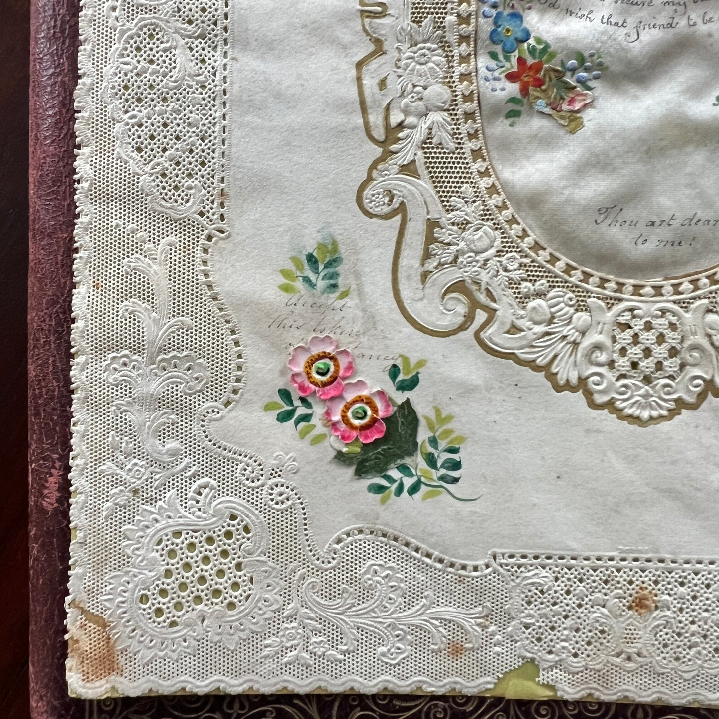 c. 1850s Large Embossed Lace Valentine Card with Hand-painted Flowers and Hand-written Poem