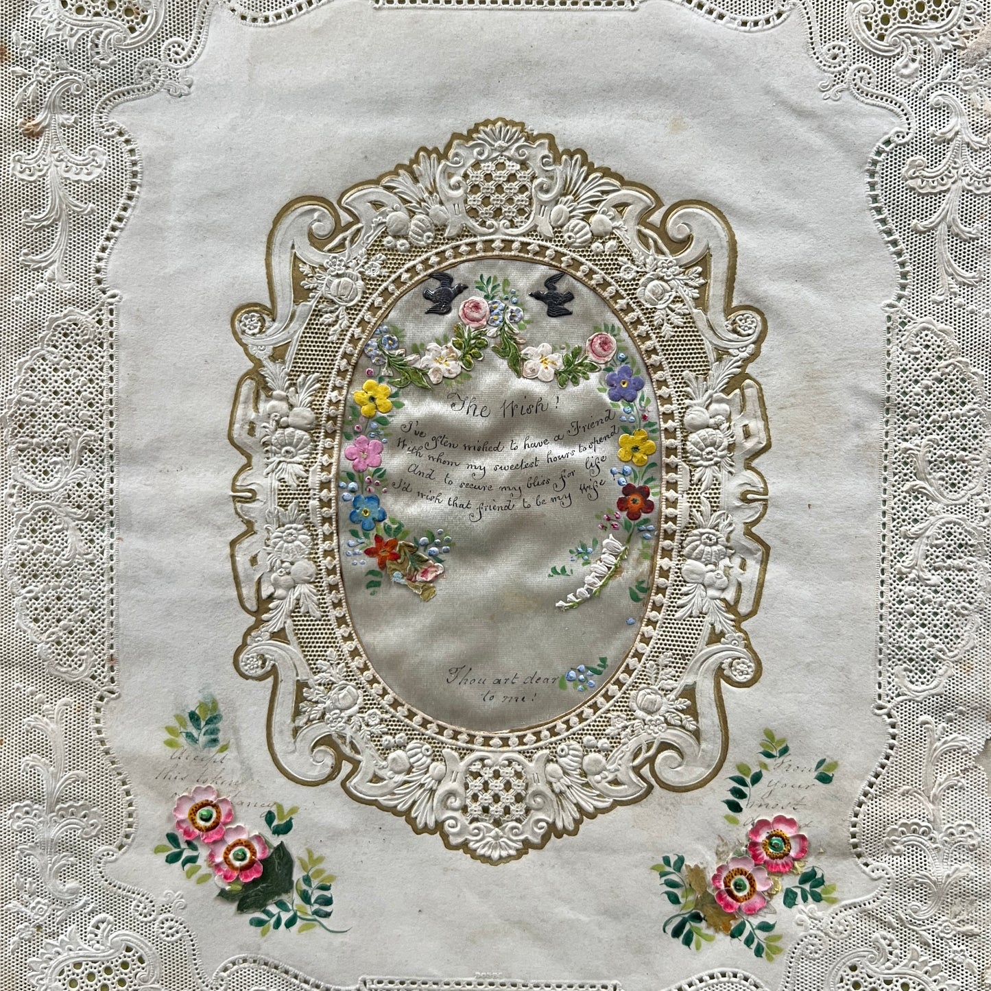 c. 1850s Large Embossed Lace Valentine Card with Hand-painted Flowers and Hand-written Poem