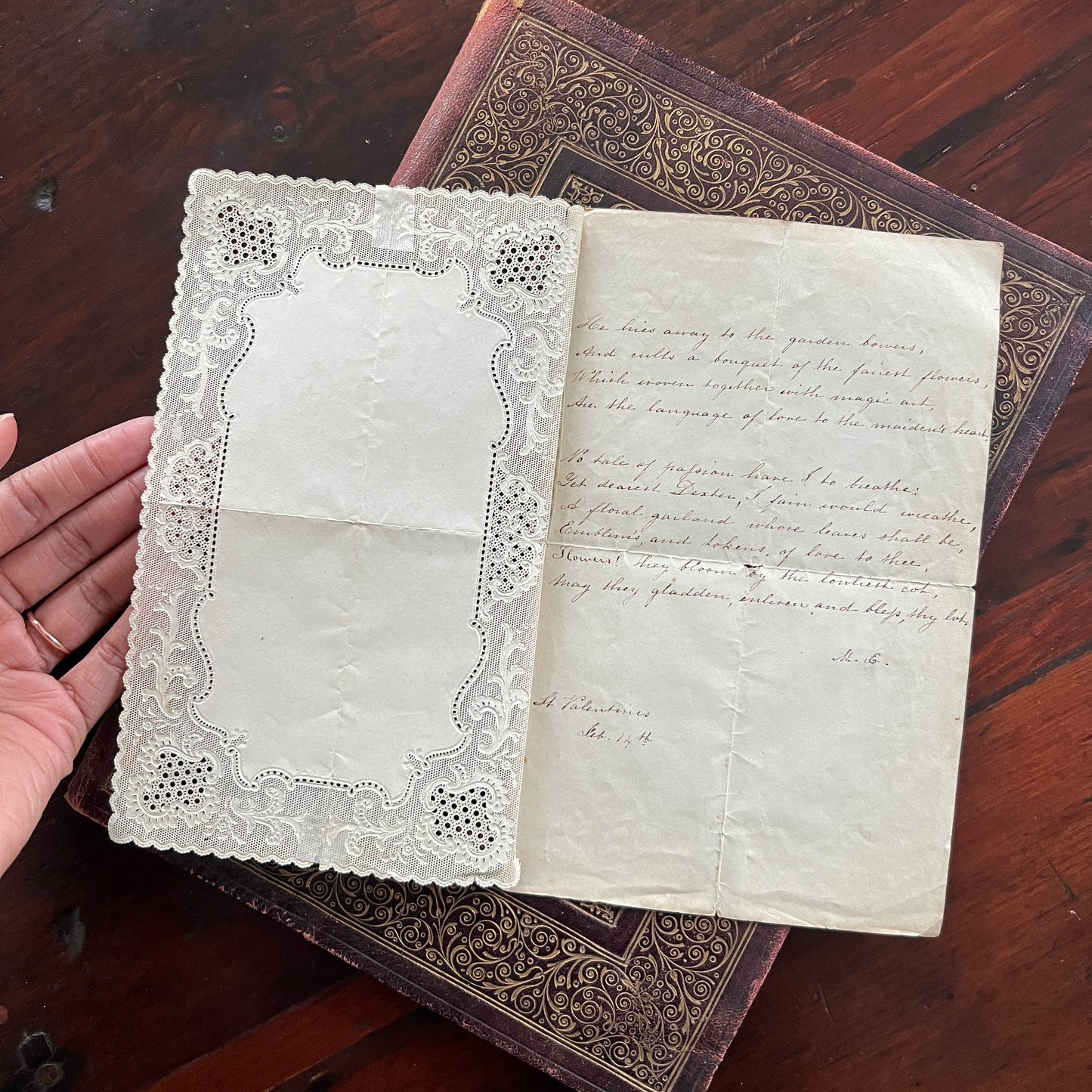 c. 1850s Embossed Lace Valentine Card with Hand-painted Flowers and Hand-written Poem