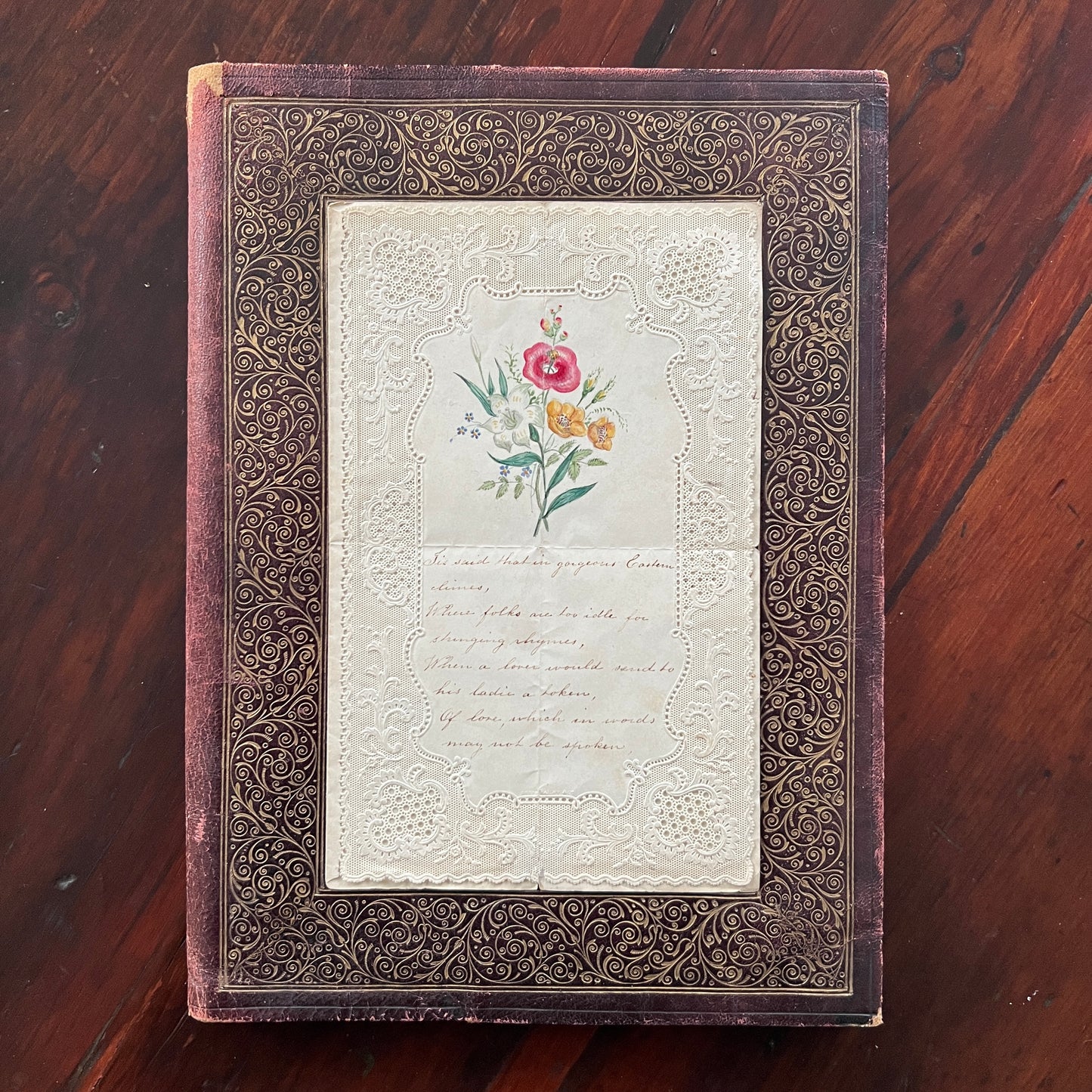 c. 1850s Embossed Lace Valentine Card with Hand-painted Flowers and Hand-written Poem