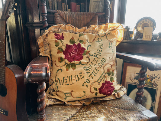 A 1910s Edwardian Embroidered “Sweetheart” Pillow With Lace Trim