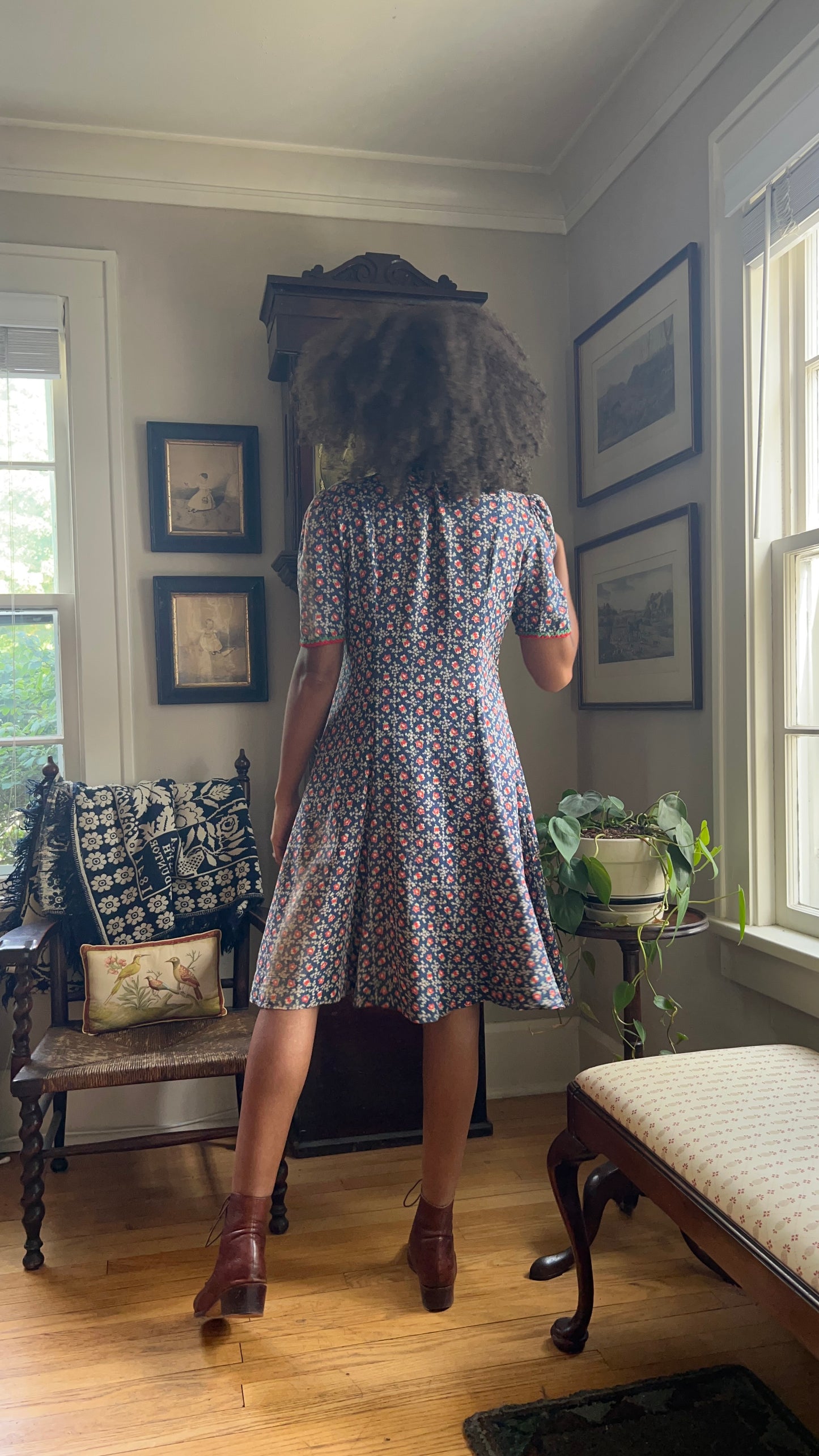 1930s Blue Calico Work House Dress