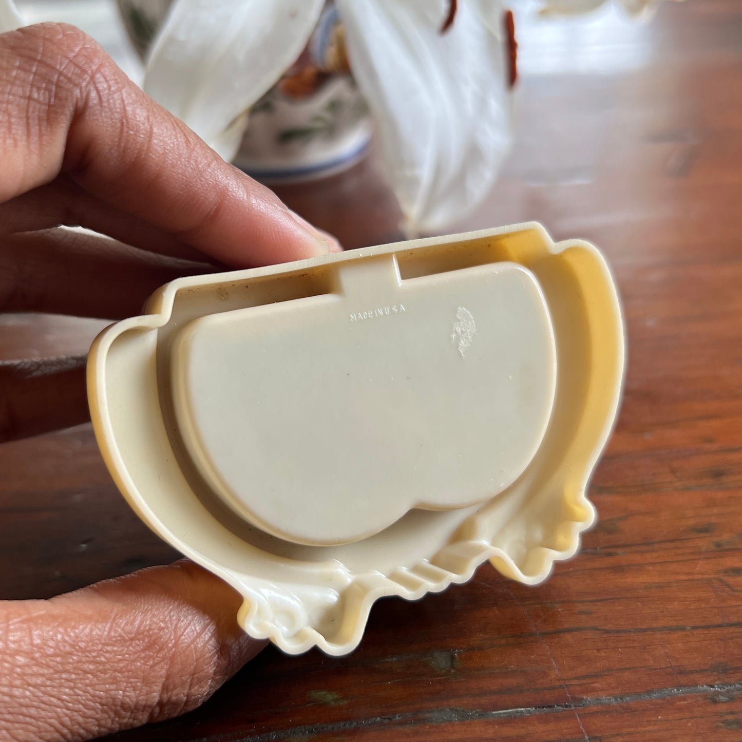 Art Deco Celluloid Ring Box in Cream with Blue Velvet Lining