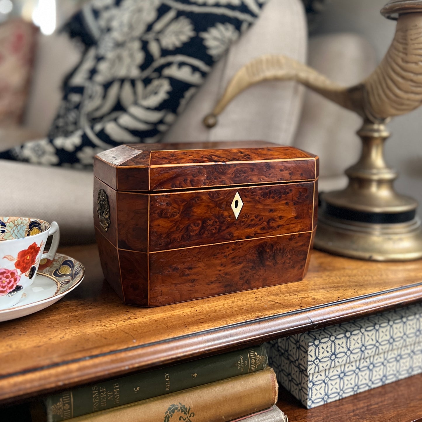 19th Century English Regency Burl Walnut Tea Caddy