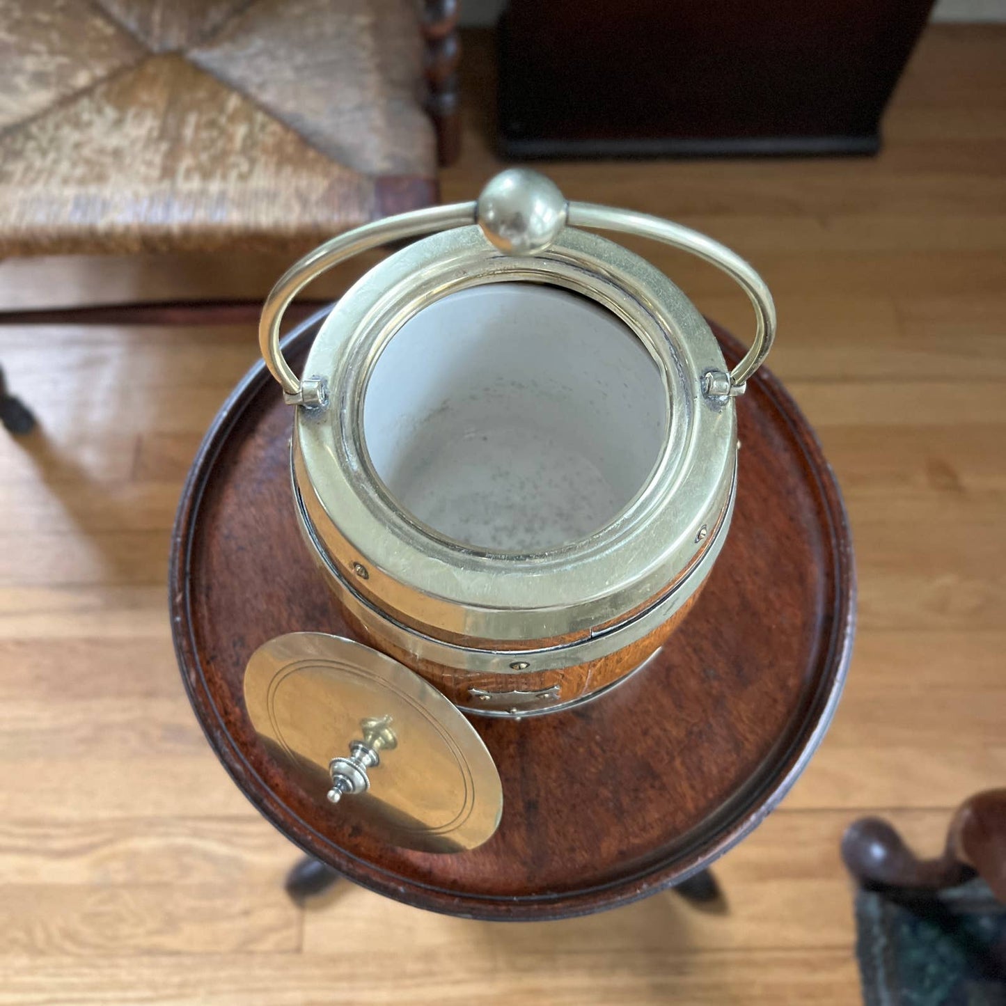 Antique Oak Biscuit Barrel With Silver Crest