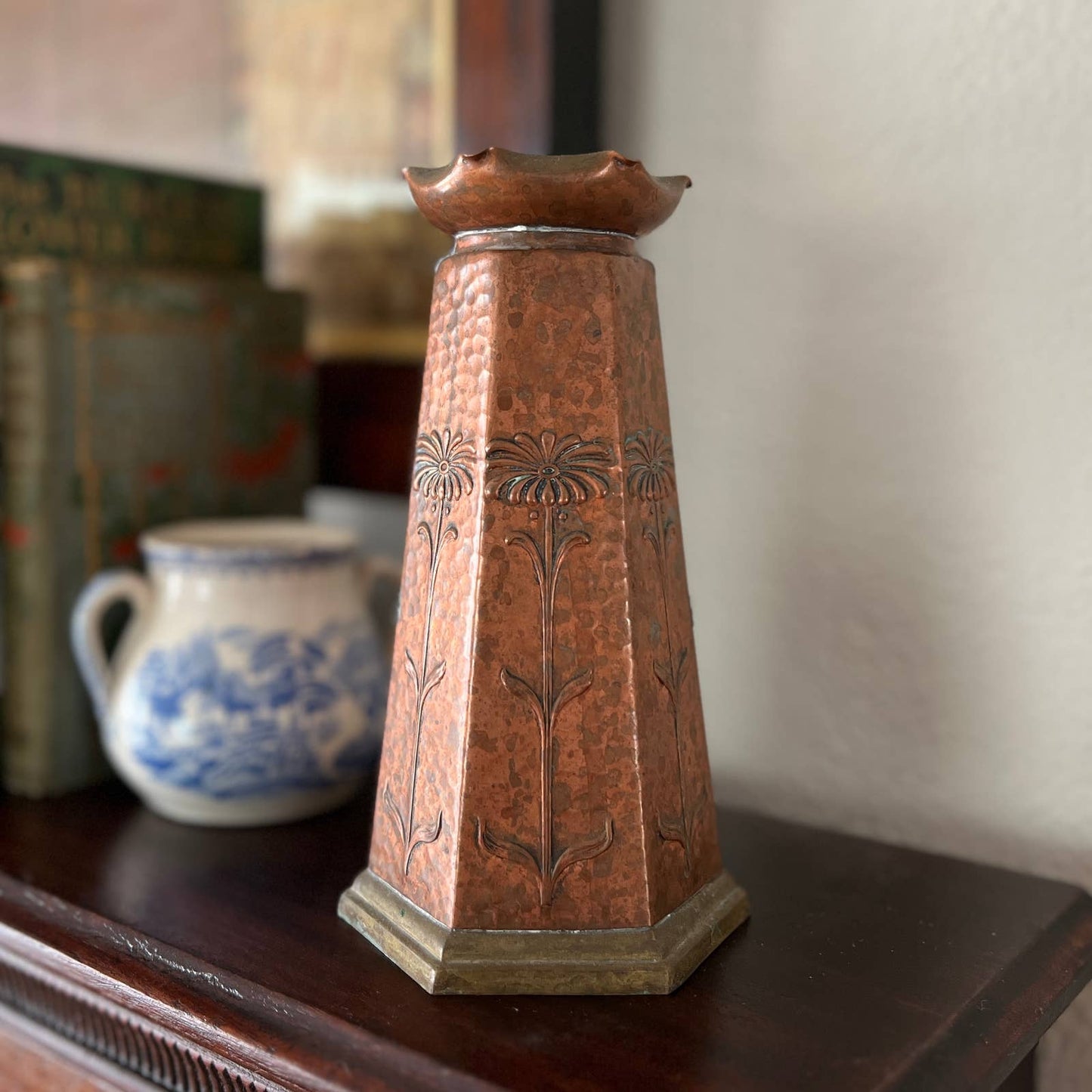 Arts and Crafts Period Hammered Copper Vase with Floral Motif