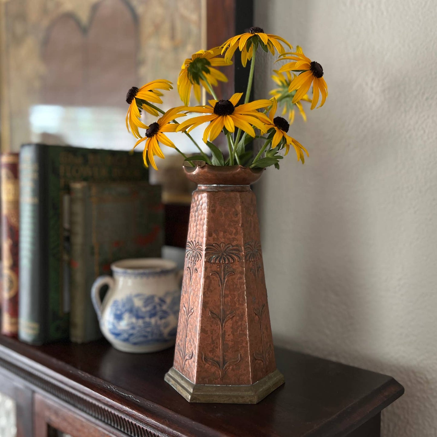Arts and Crafts Period Hammered Copper Vase with Floral Motif