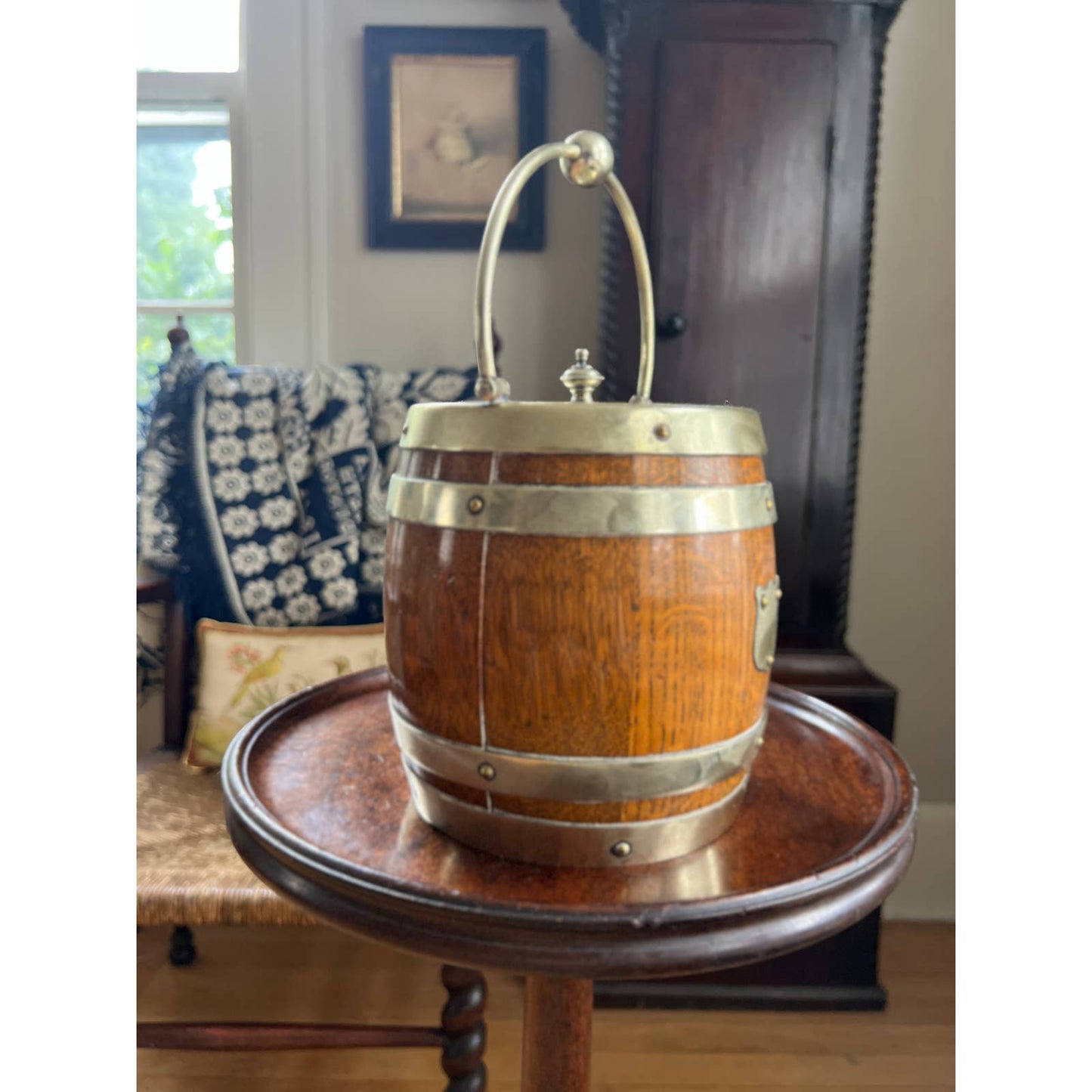 Antique Oak Biscuit Barrel With Silver Crest
