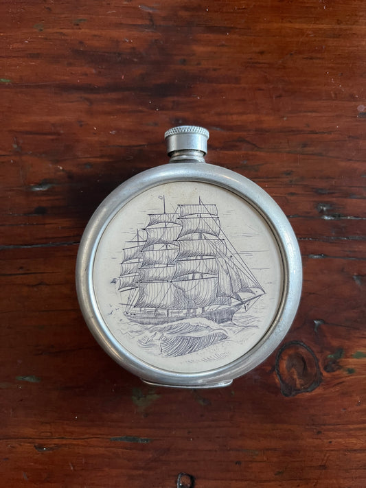 A Fine British Pewter Flask with Etching of a Ship - Sheffield England