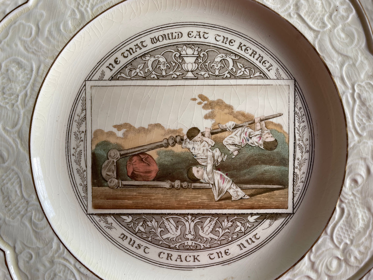 Wedgwood "Gastronomic Homilies" Series Plate c. 1877 - "He that would eat the kernel must crack the nut."