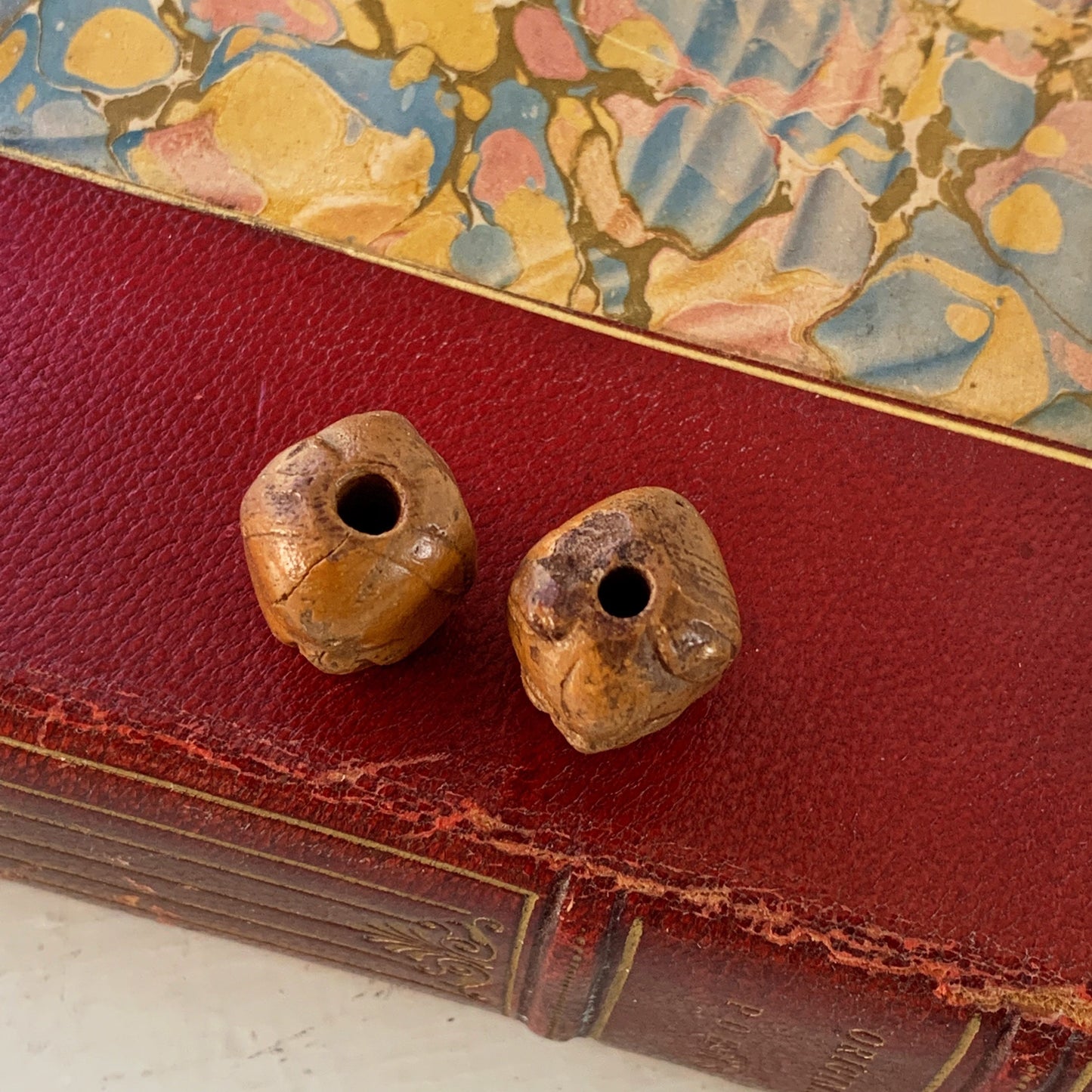 1800s Antique Japanese Ojime Two Faced Carved Wood Beads