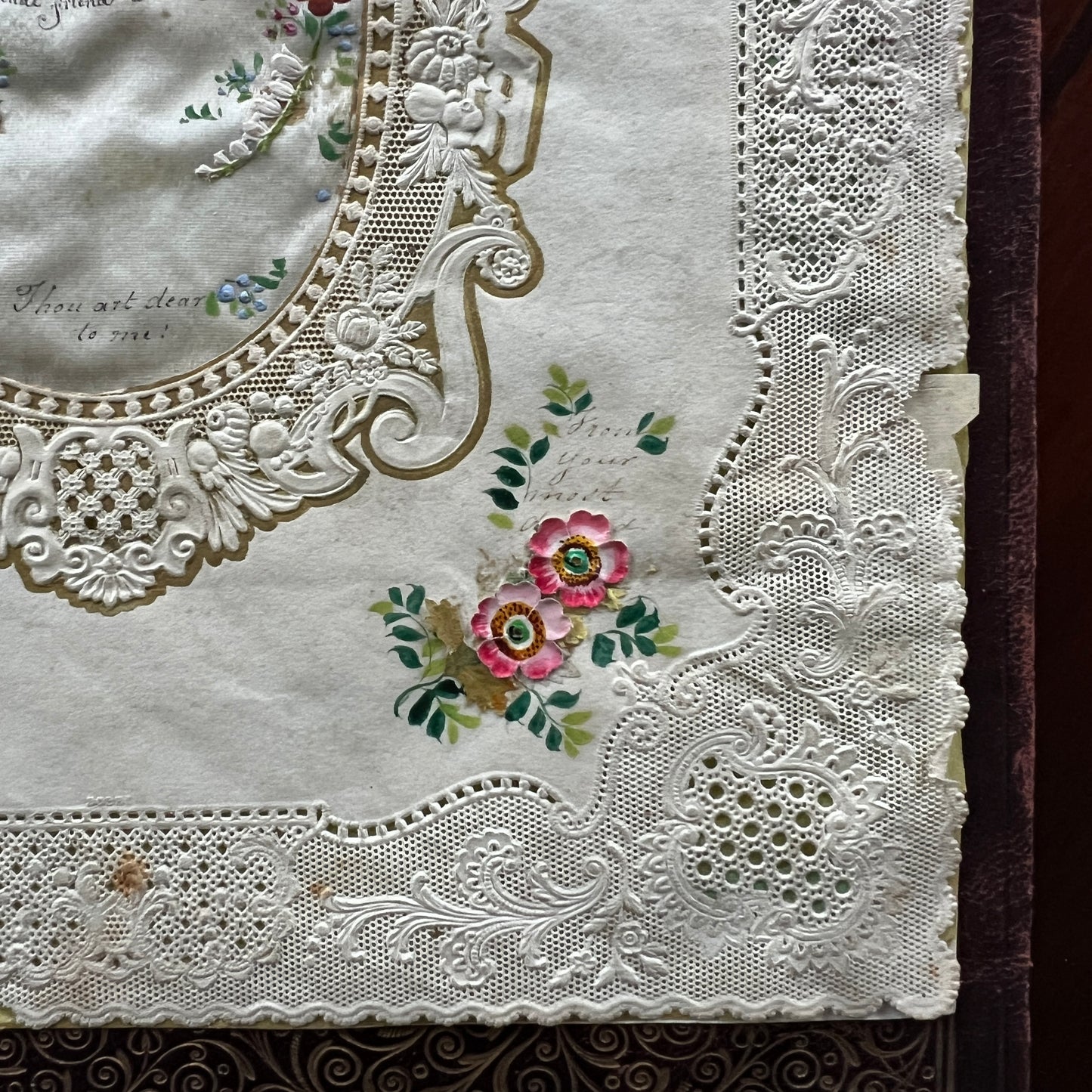 c. 1850s Large Embossed Lace Valentine Card with Hand-painted Flowers and Hand-written Poem