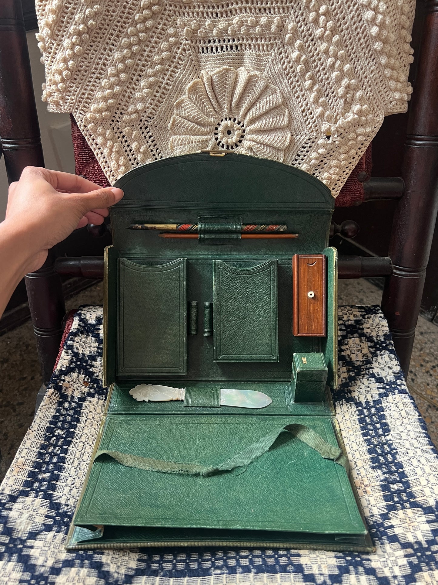 Antique English Green Moroccan Leather Traveling Stationery Case