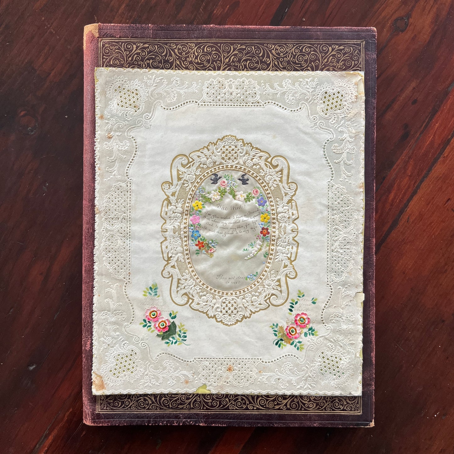 c. 1850s Large Embossed Lace Valentine Card with Hand-painted Flowers and Hand-written Poem