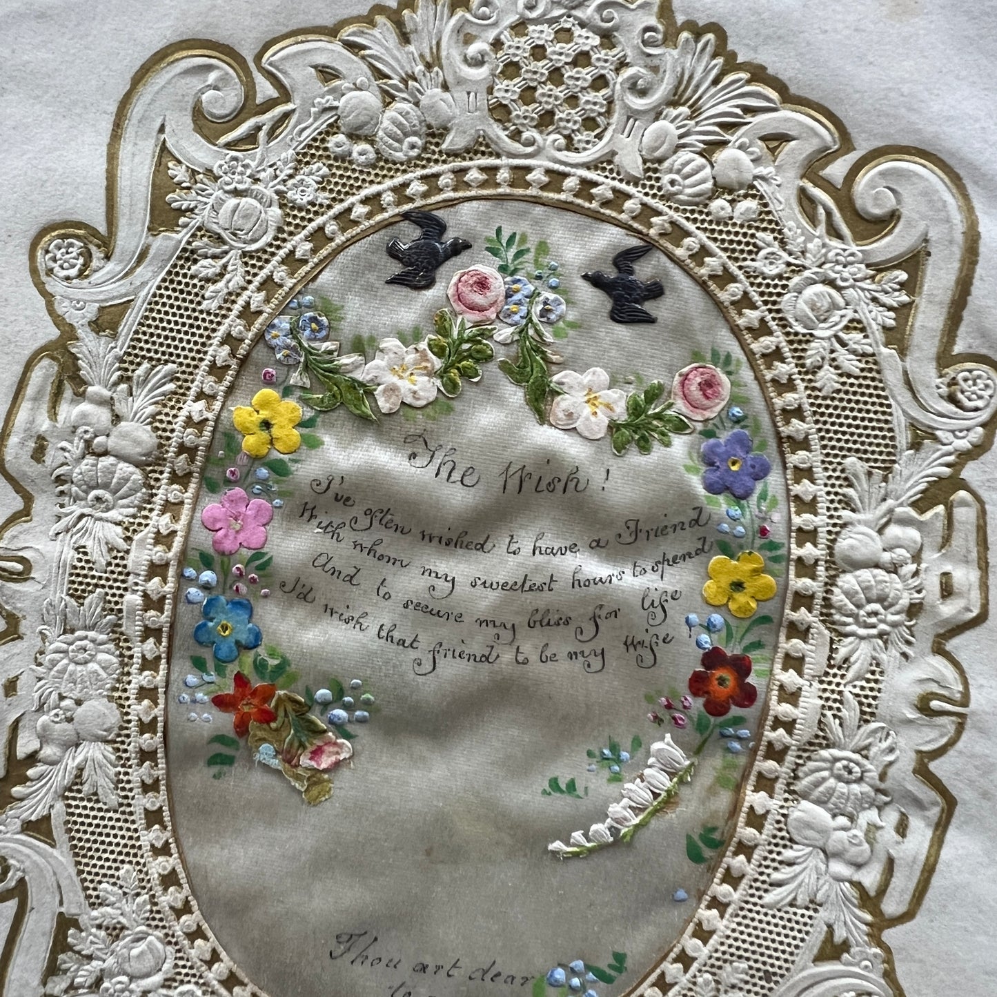 c. 1850s Large Embossed Lace Valentine Card with Hand-painted Flowers and Hand-written Poem
