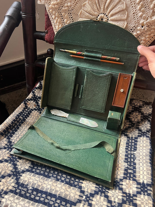 Antique English Green Moroccan Leather Traveling Stationery Case