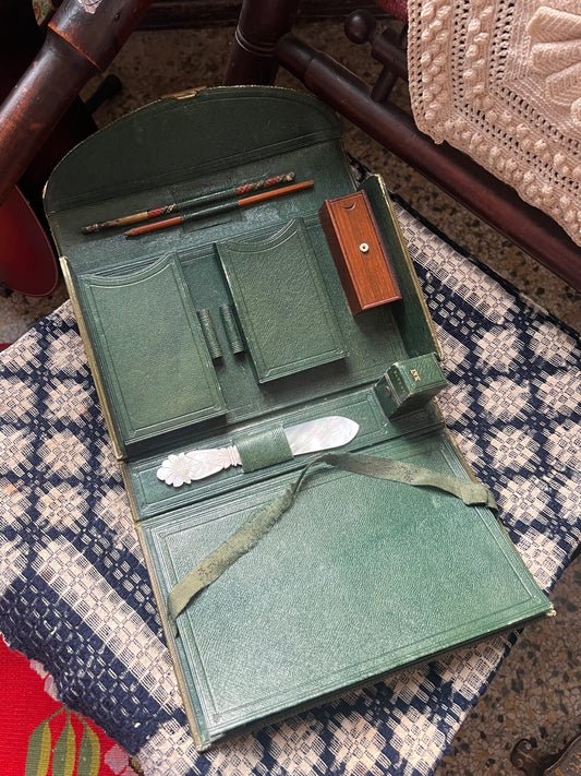 Antique English Green Moroccan Leather Traveling Stationery Case