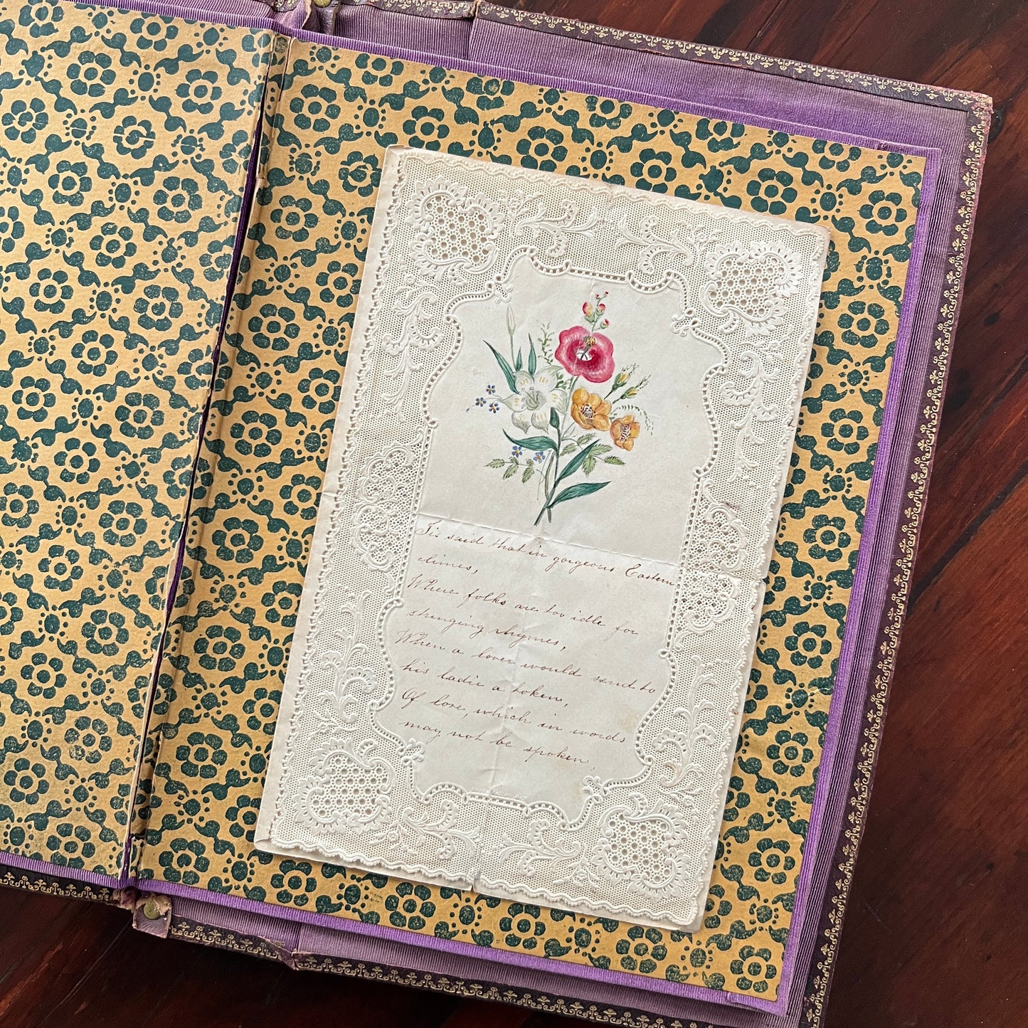 c. 1850s Embossed Lace Valentine Card with Hand-painted Flowers and Hand-written Poem