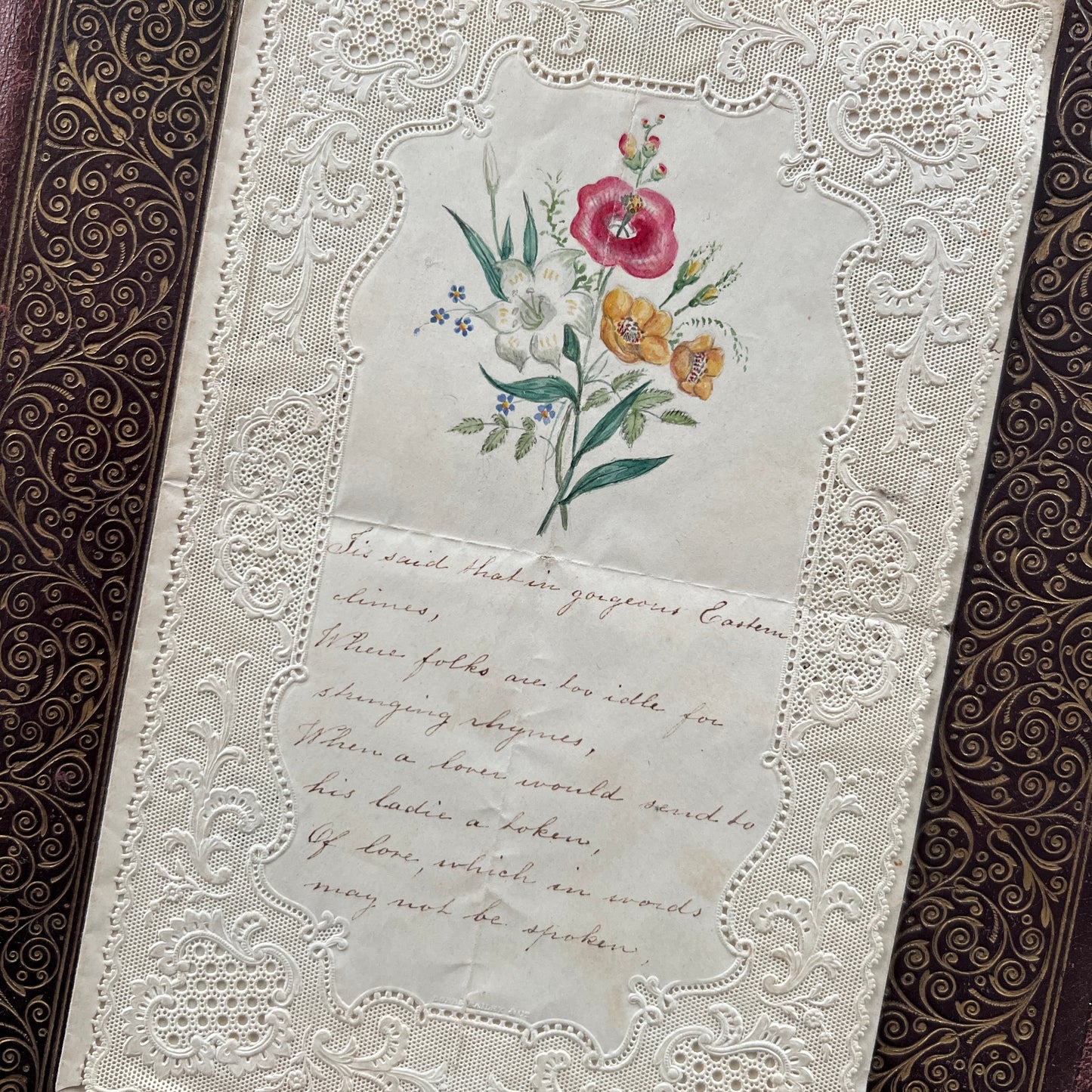 c. 1850s Embossed Lace Valentine Card with Hand-painted Flowers and Hand-written Poem