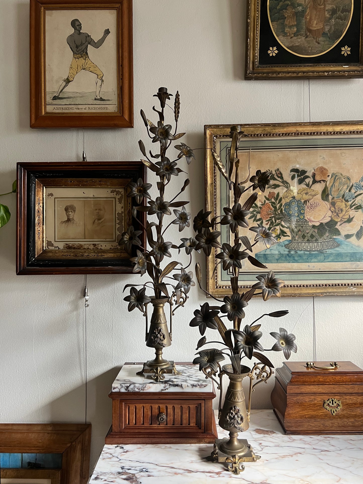 Antique French Floral Brass Candlesticks - A Pair