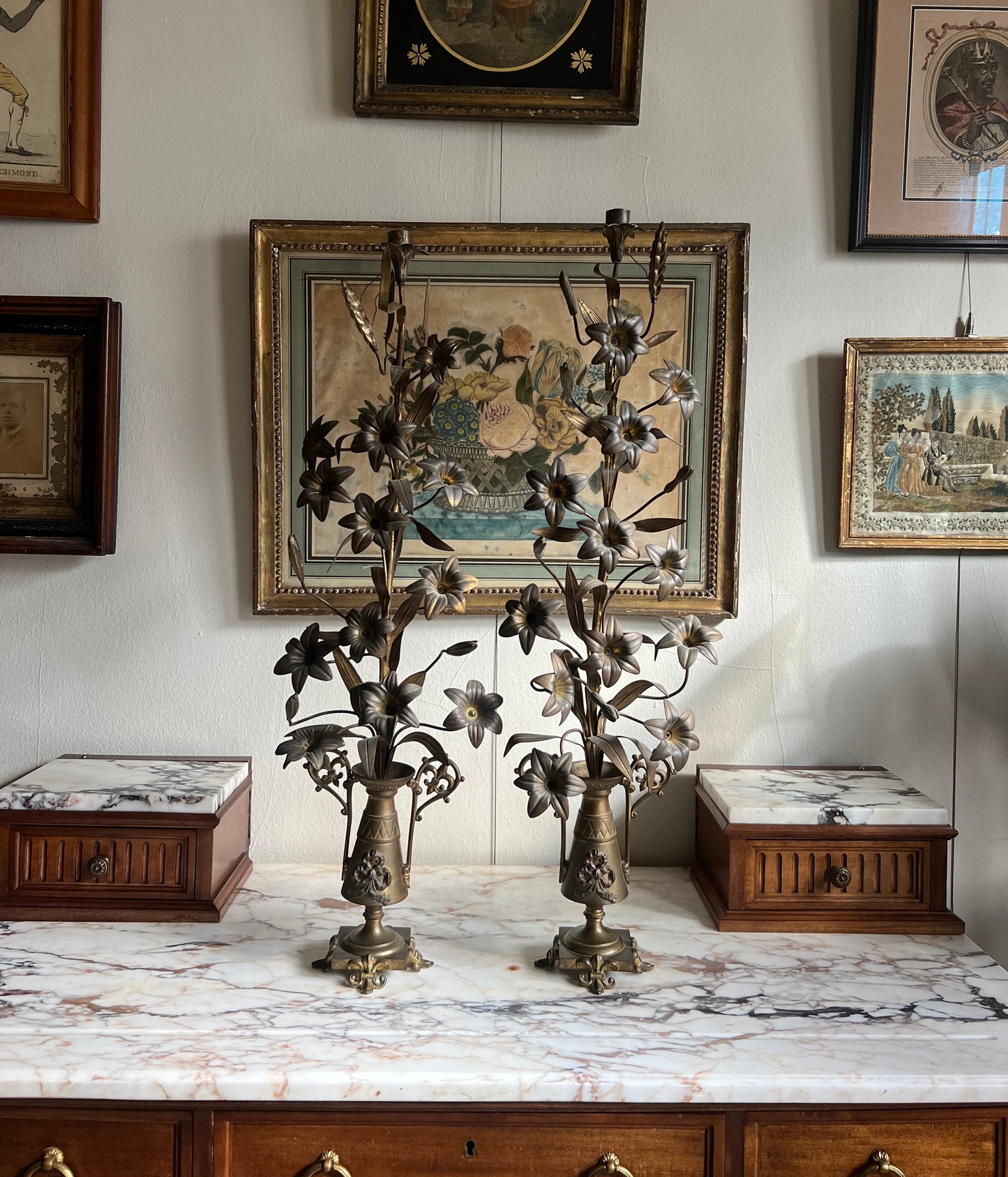 Antique French Floral Brass Candlesticks - A Pair