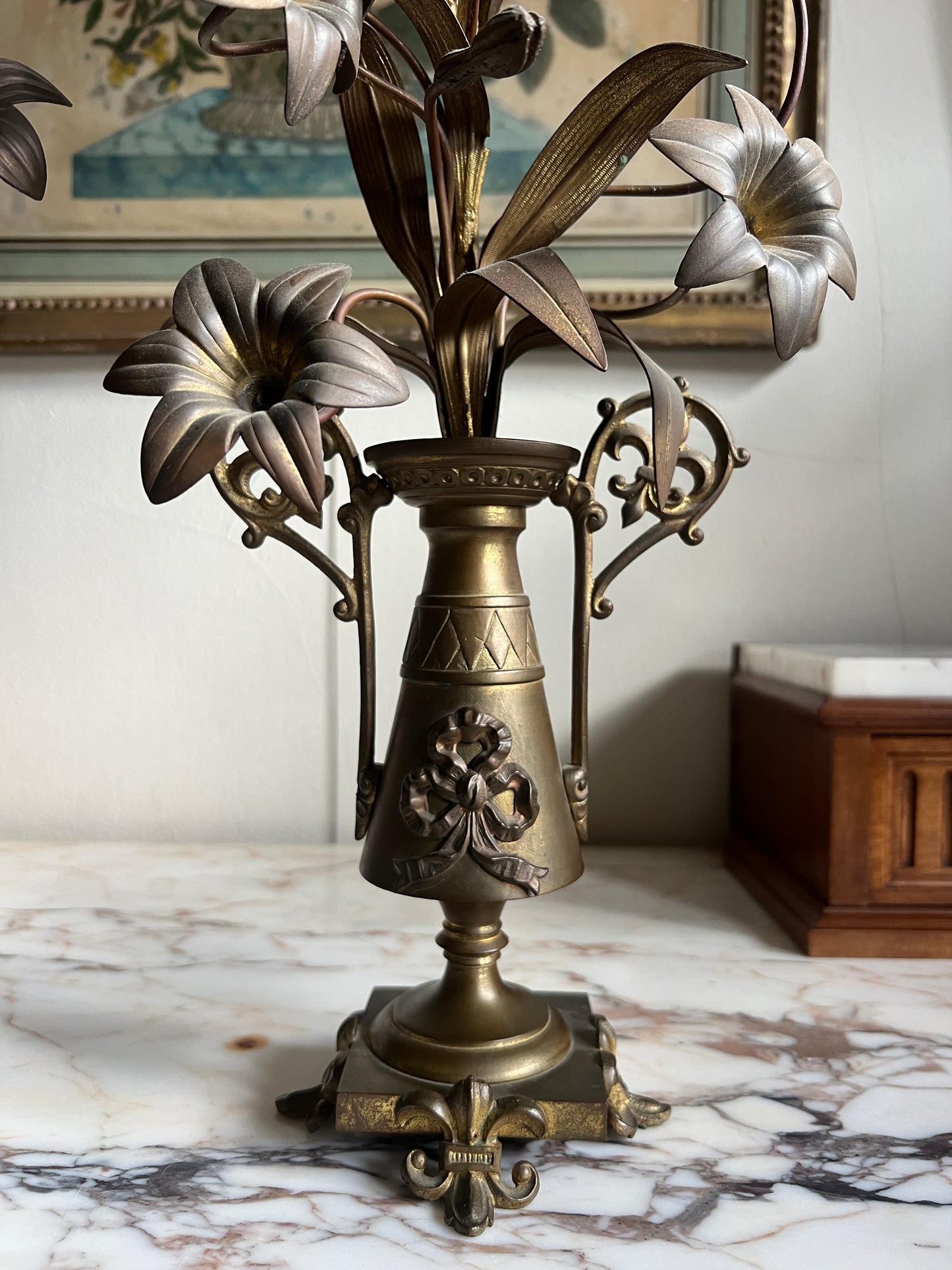 Antique French Floral Brass Candlesticks - A Pair