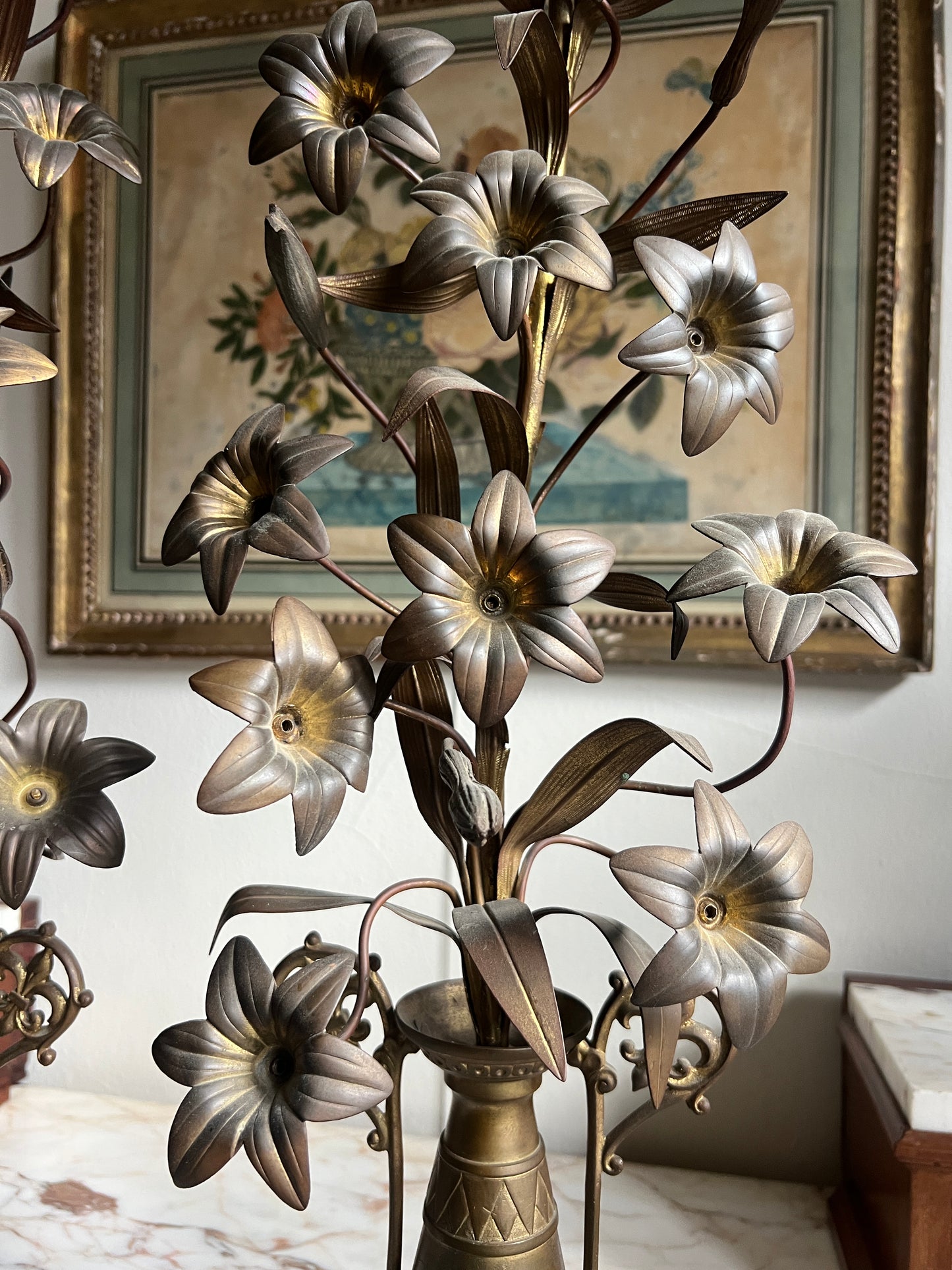 Antique French Floral Brass Candlesticks - A Pair