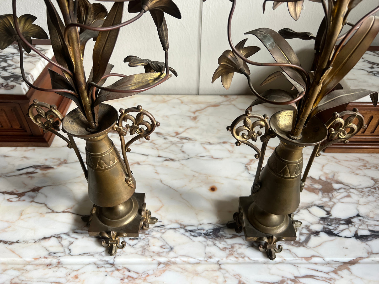 Antique French Floral Brass Candlesticks - A Pair