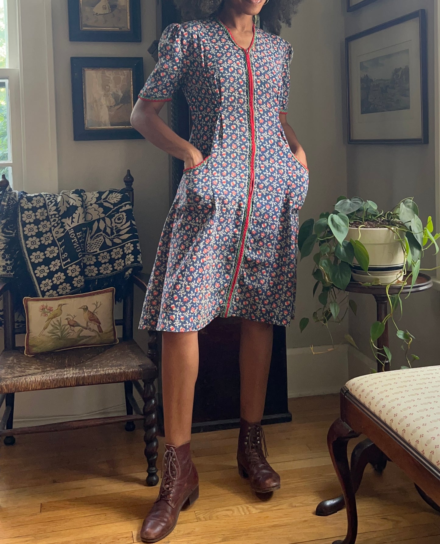 1930s Blue Calico Work House Dress
