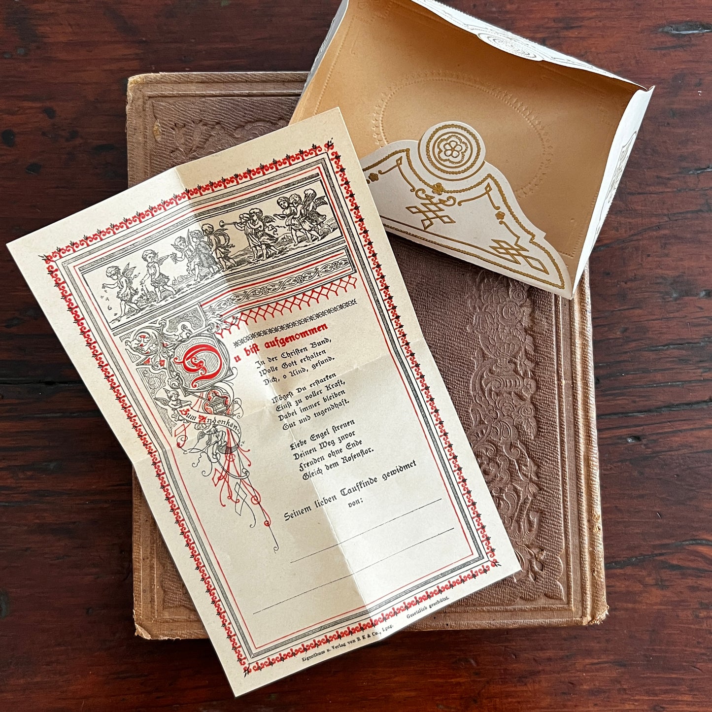 Antique German Baptism Certificate with Decorative Box
