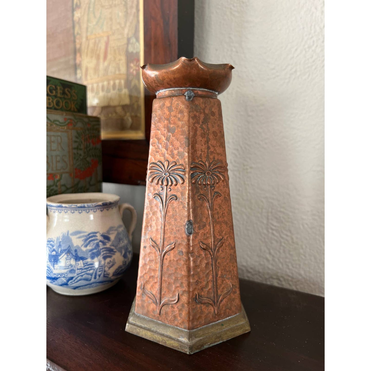 Arts and Crafts Period Hammered Copper Vase with Floral Motif