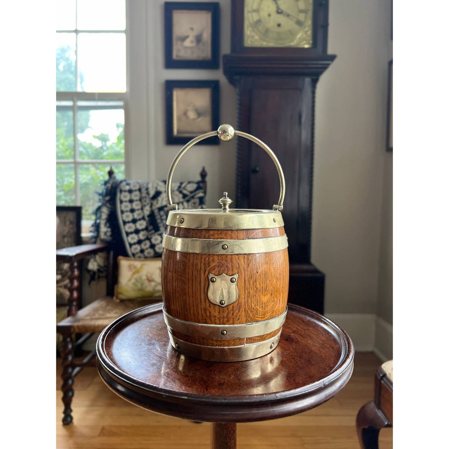 Antique Oak Biscuit Barrel With Silver Crest