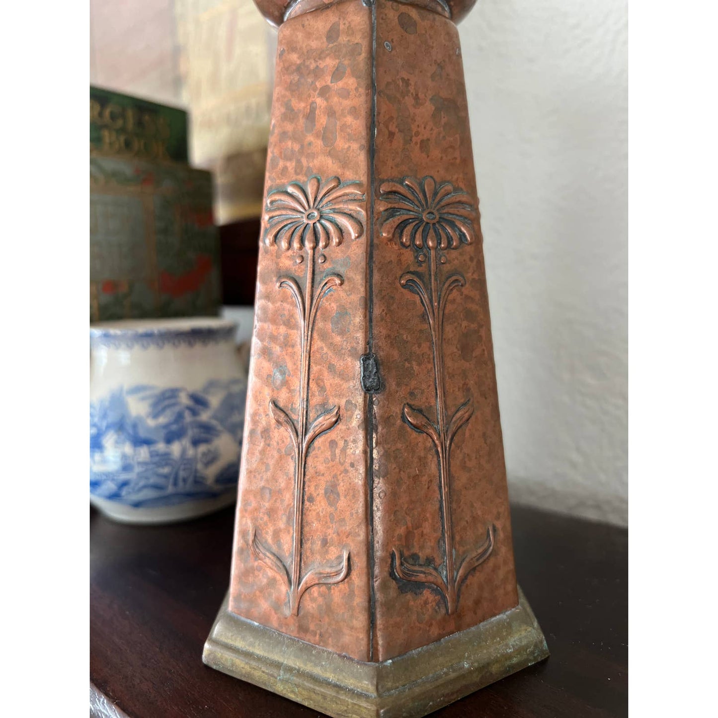 Arts and Crafts Period Hammered Copper Vase with Floral Motif