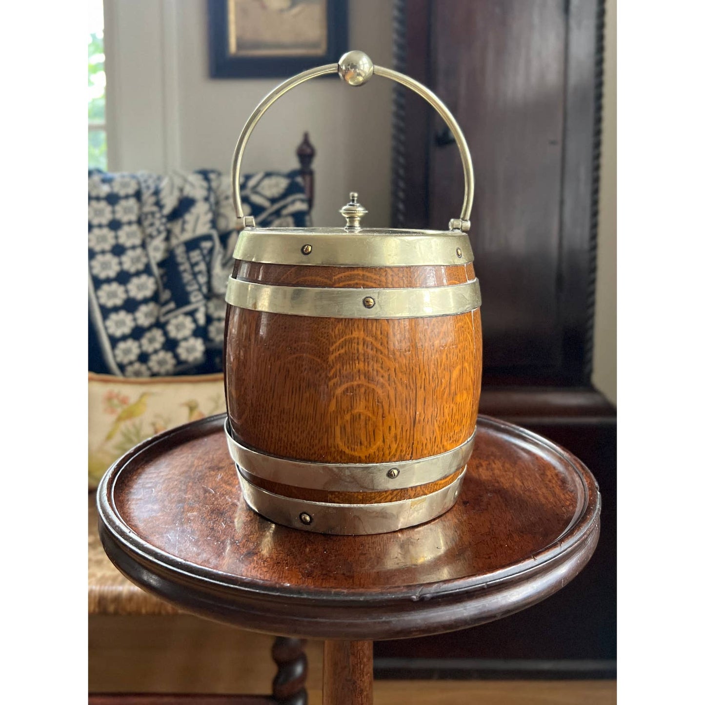 Antique Oak Biscuit Barrel With Silver Crest
