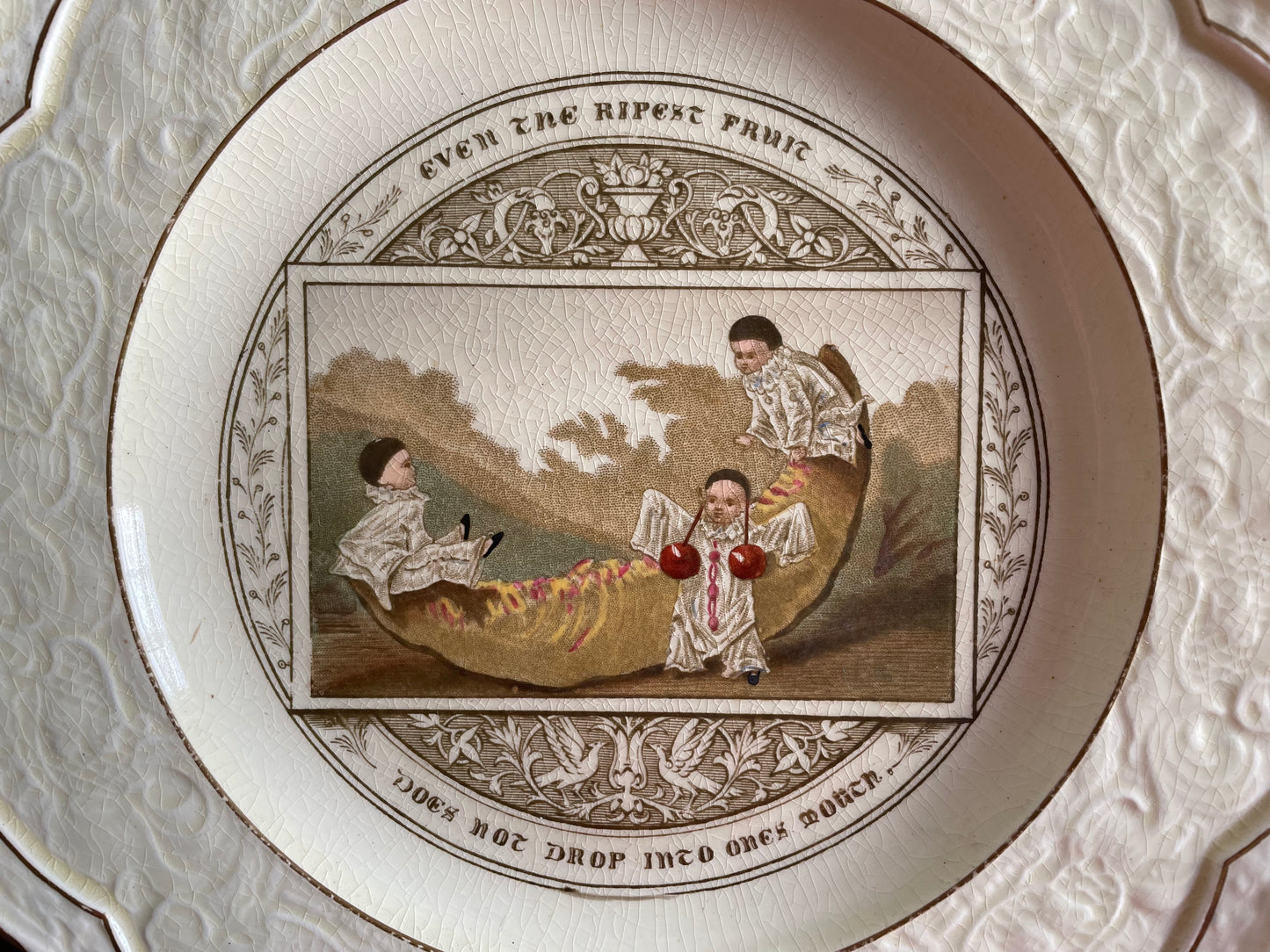 Wedgwood "Gastronomic Homilies" Card Motto Series Plate c. 1877 - "Even the ripest fruit does not drop into ones mouth."