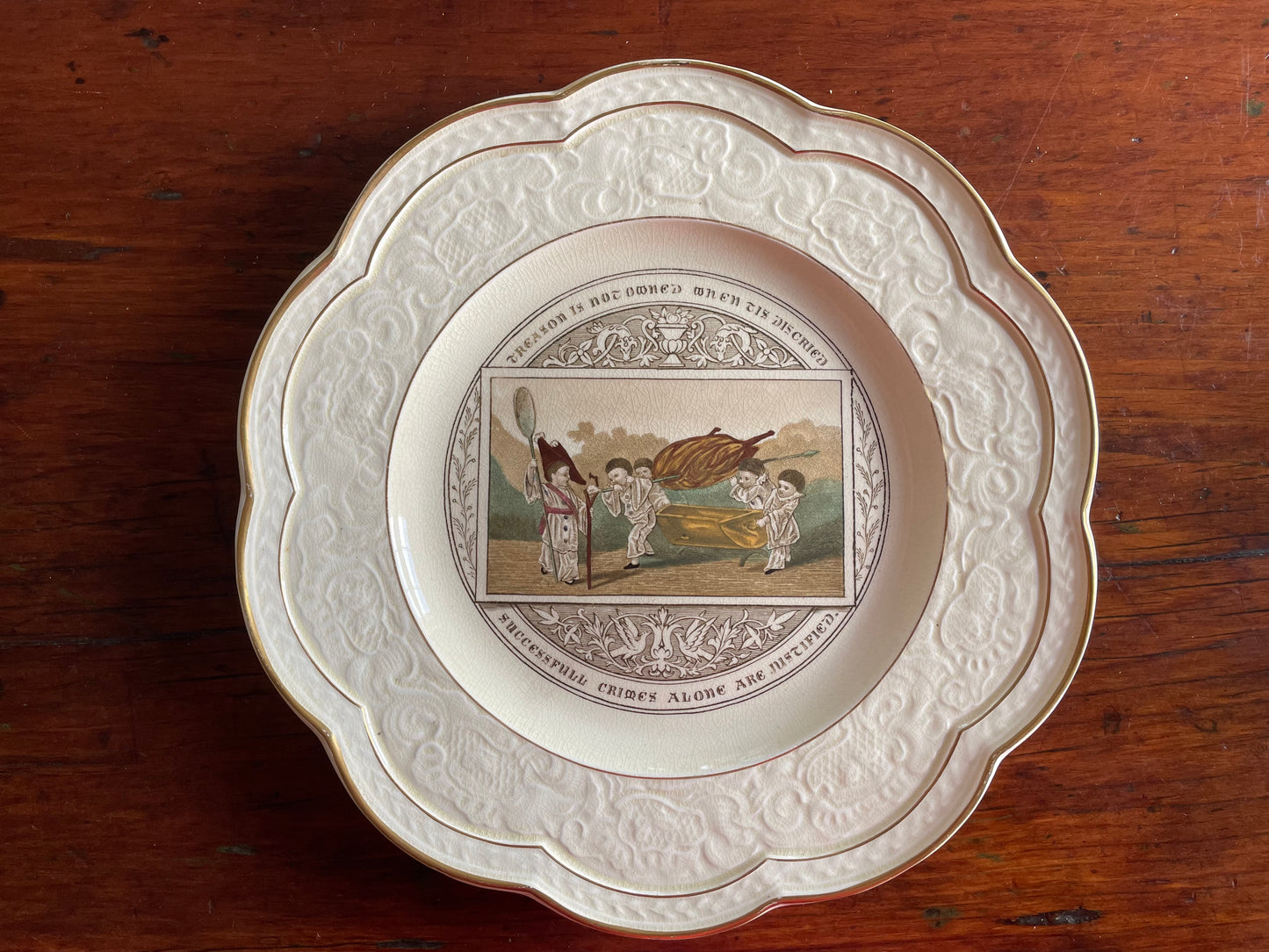 Wedgwood "Gastronomic Homilies" Card Motto Series Plate c. 1877 - "Treason is not owned when 'tis discried, successfull crimes are justified."