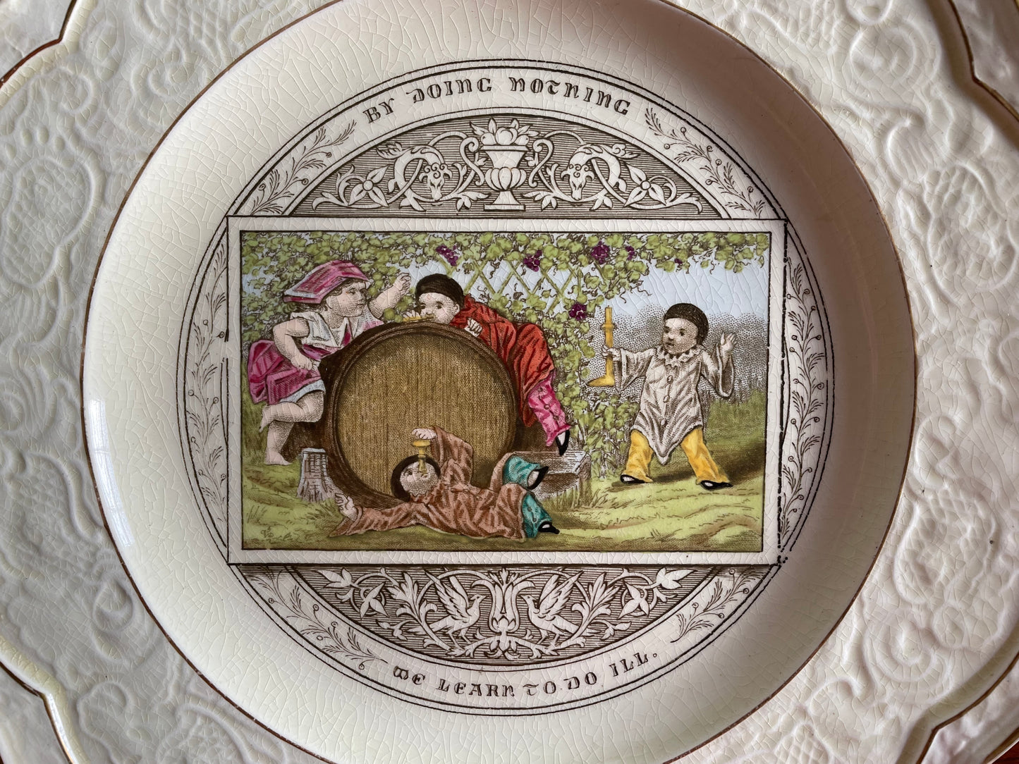 Wedgwood "Gastronomic Homilies" Card Motto Series Plate c. 1877 - "By doing nothing we learn to do ill."