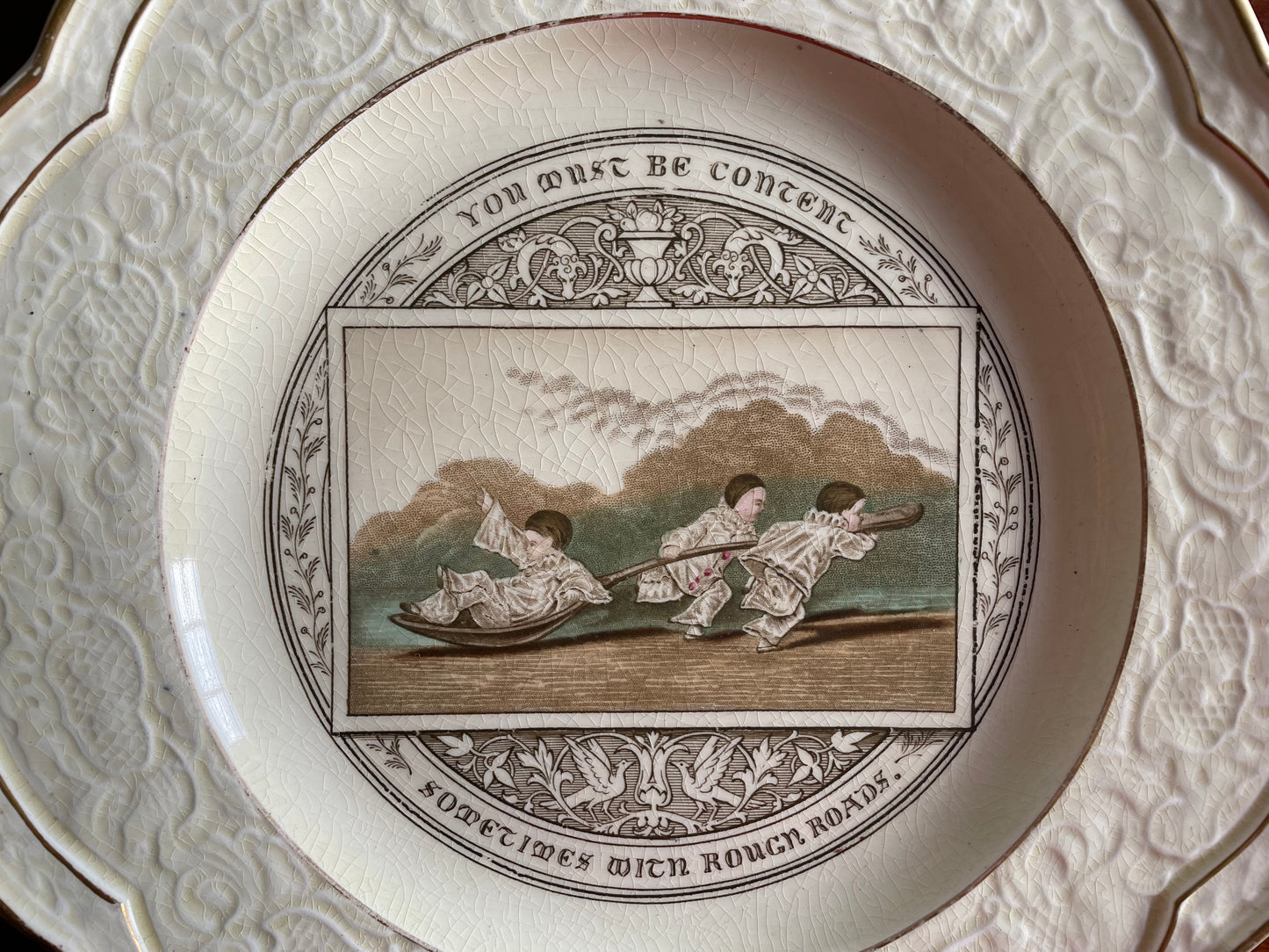Wedgwood "Gastronomic Homilies" Card Motto Series Plate c. 1877 - "You must be content sometimes with rough roads."
