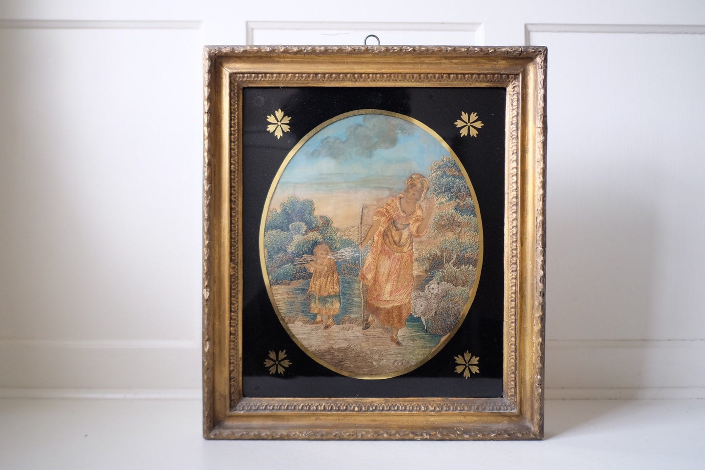 18th Century Shepherdess Silk Embroidery Georgian Era Églomisé Frame