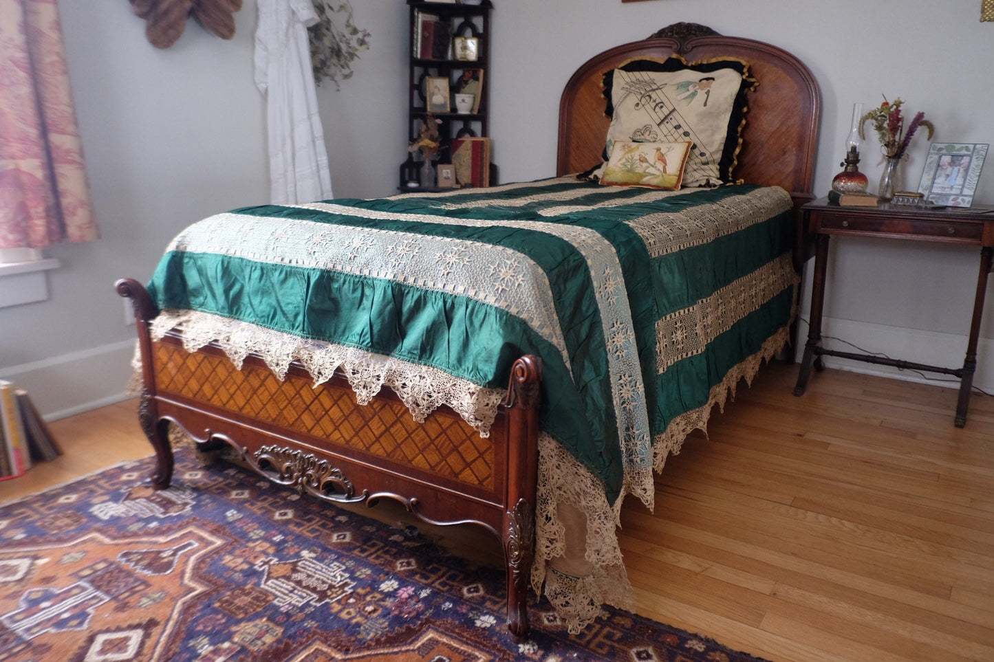 1910s 2 Piece Lace and Satin Coverlet - Full/Queen
