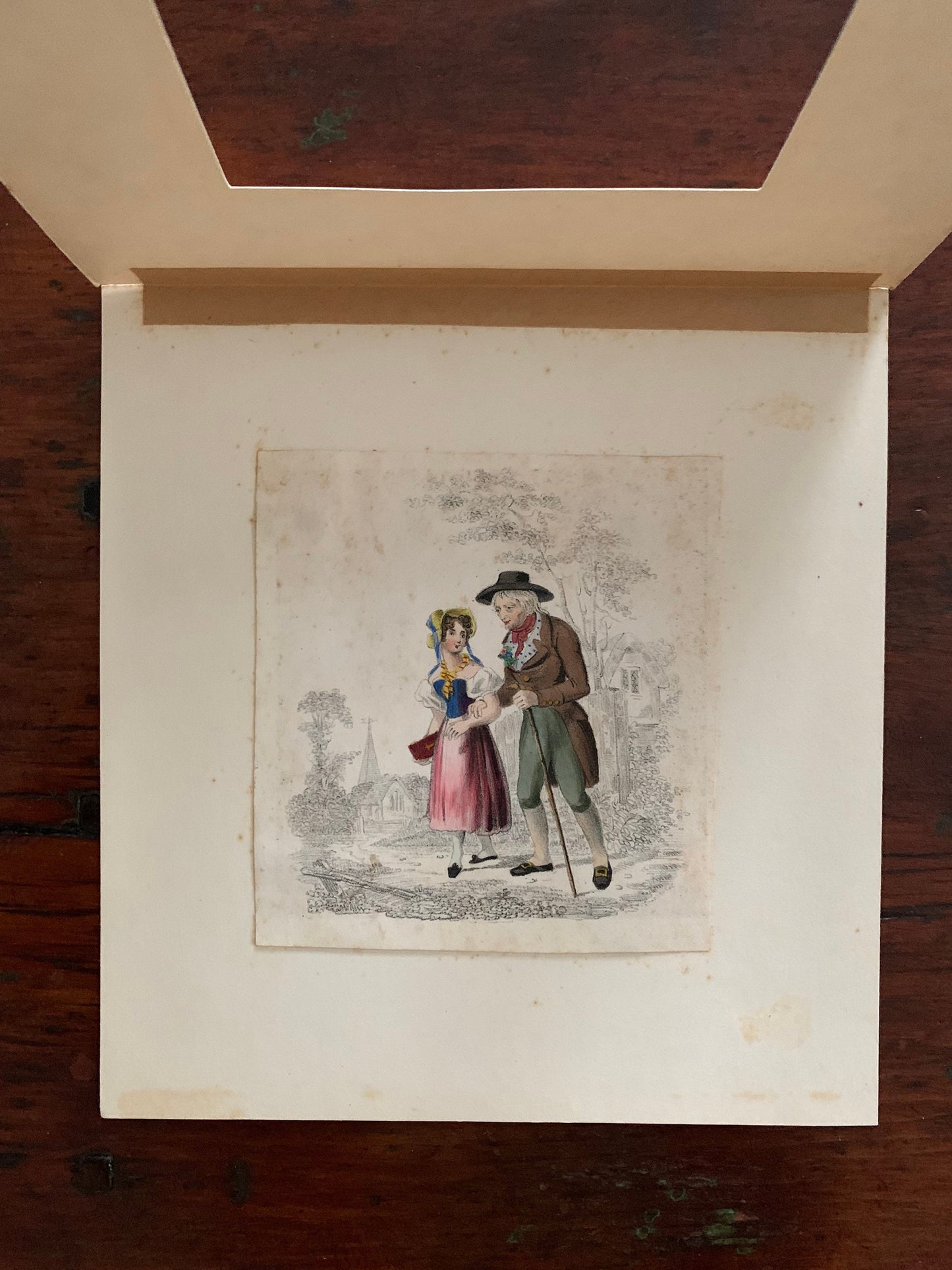 A Pair of Hand-colored Lithographs of Woman with Man and Woman Carrying Birds and Eggs